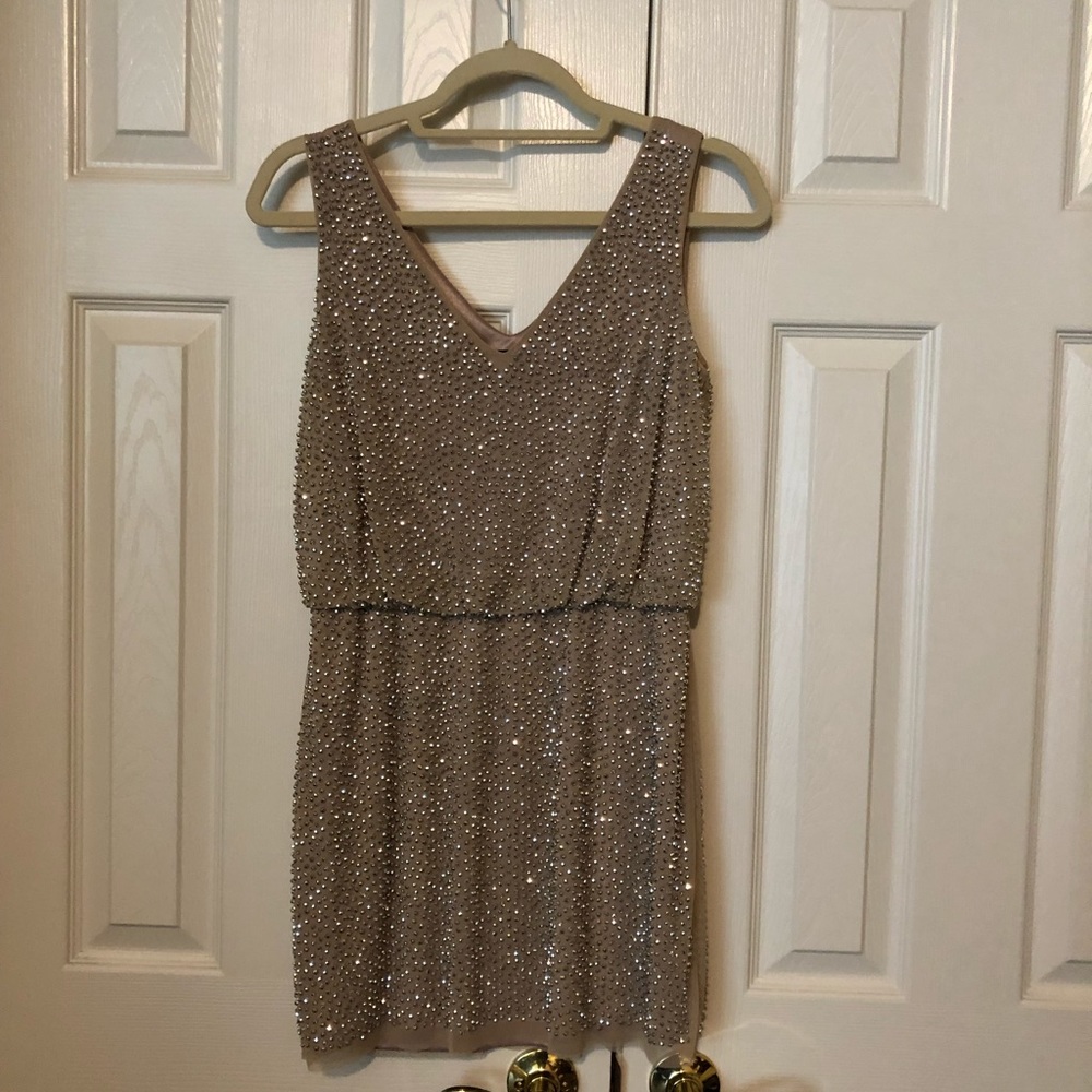 Xscspe silver and tan beaded dress